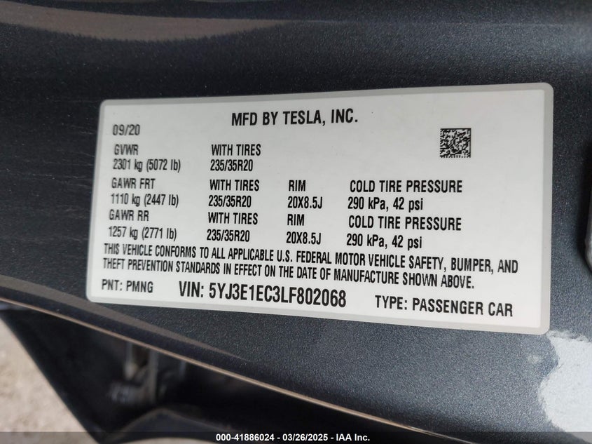 2020 TESLA MODEL 3 VIN: 5YJ3E1EC3LF802068