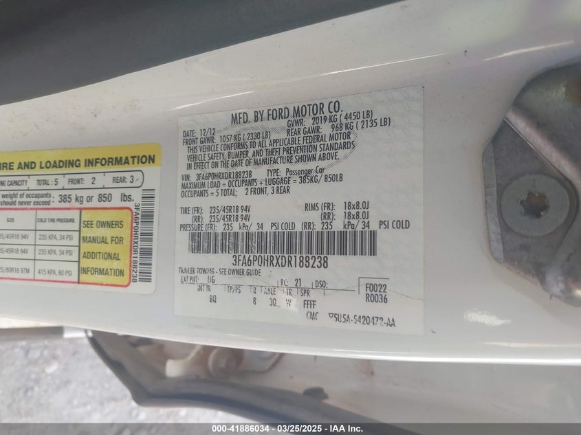 2013 FORD FUSION VIN: 3FA6P0HRXDR188238