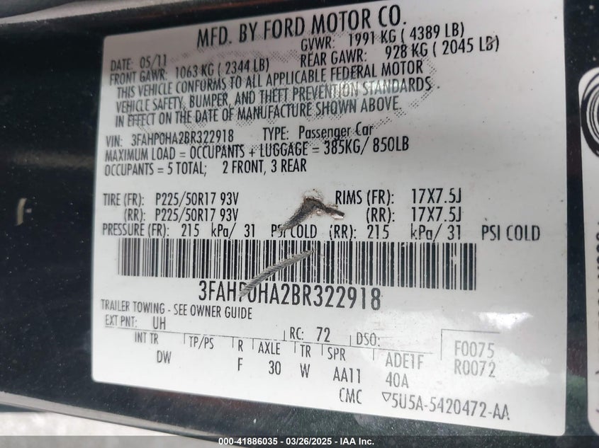 2011 FORD FUSION VIN: 3FAHP0HA2BR322918