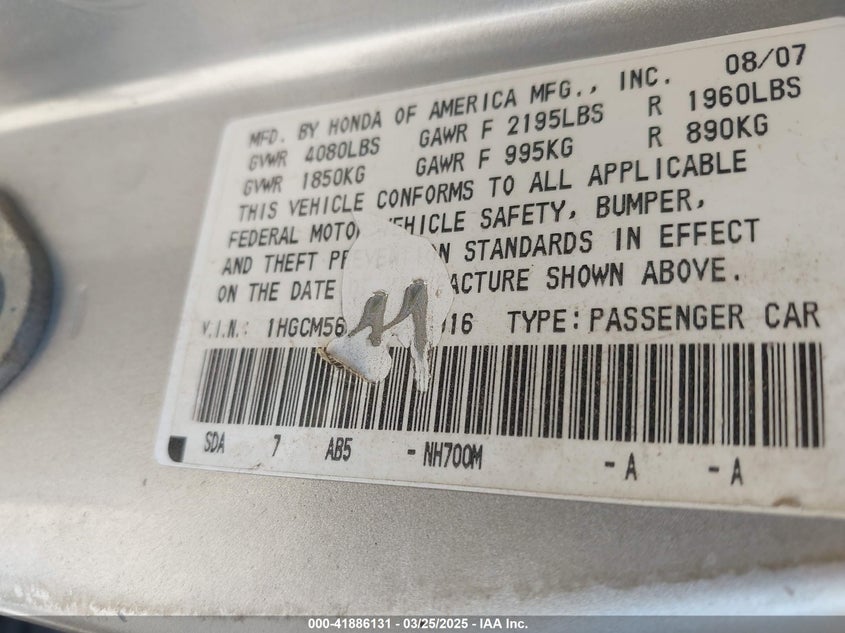 2007 HONDA ACCORD VIN: 1HGCM56447A228016