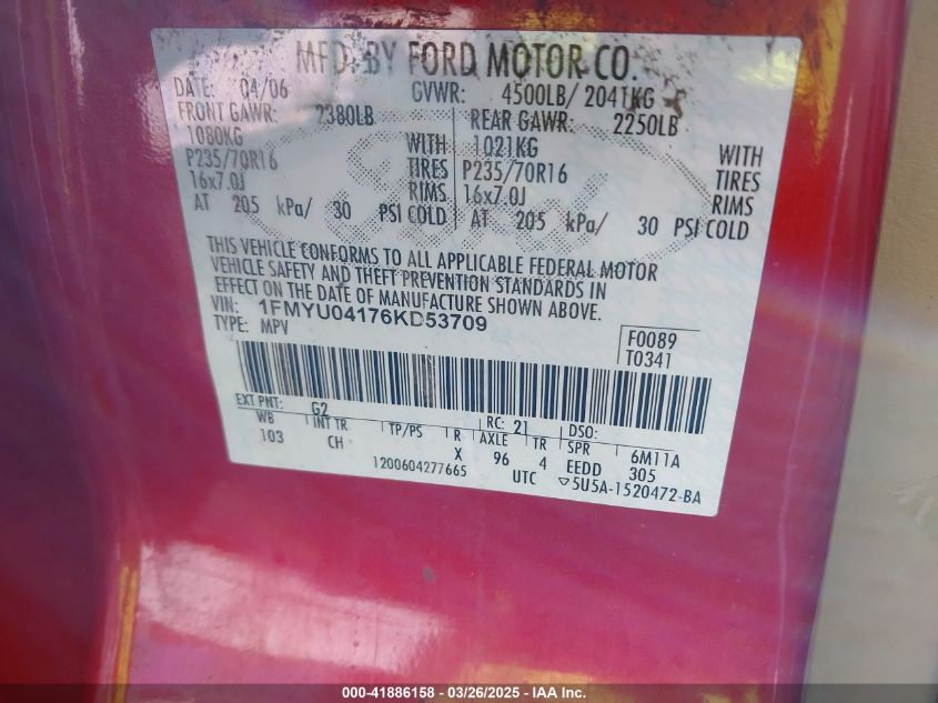 2006 Ford Escape Limited VIN: 1FMYU04176KD53709 Lot: 41886158