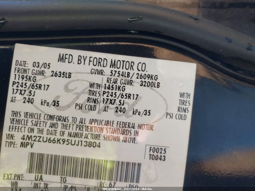 2005 Mercury Mountaineer VIN: 4M2ZU66K95UJ13804 Lot: 41886241