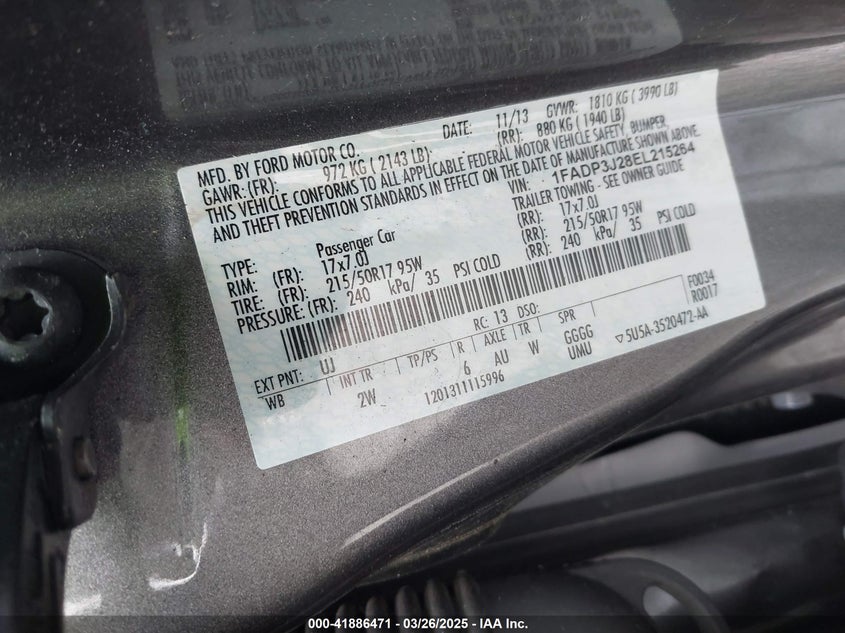 2014 FORD FOCUS VIN: 1FADP3J28EL215264