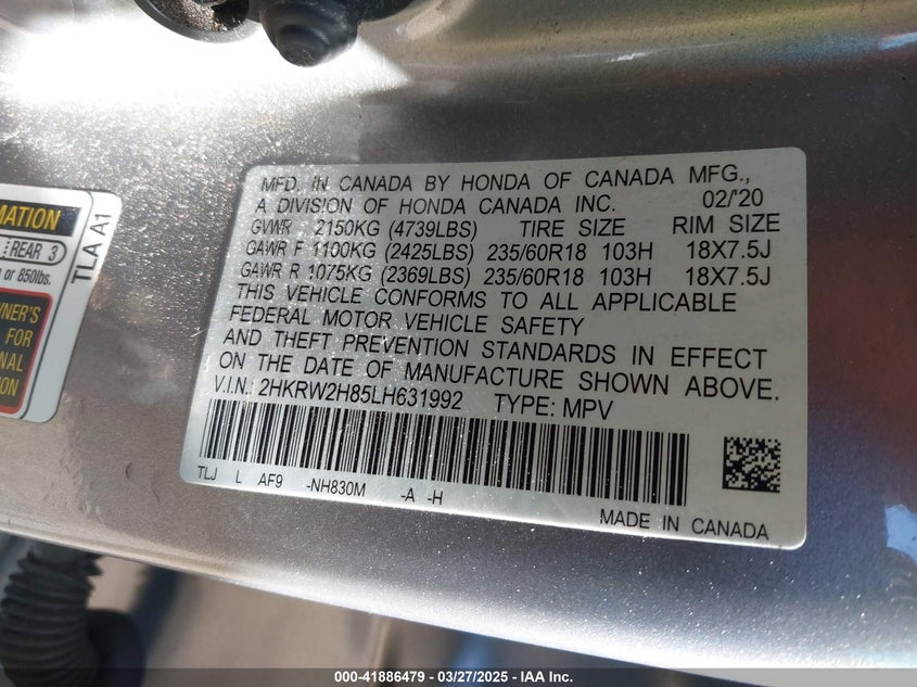 2020 HONDA CR-V AWD EX-L - 2HKRW2H85LH631992