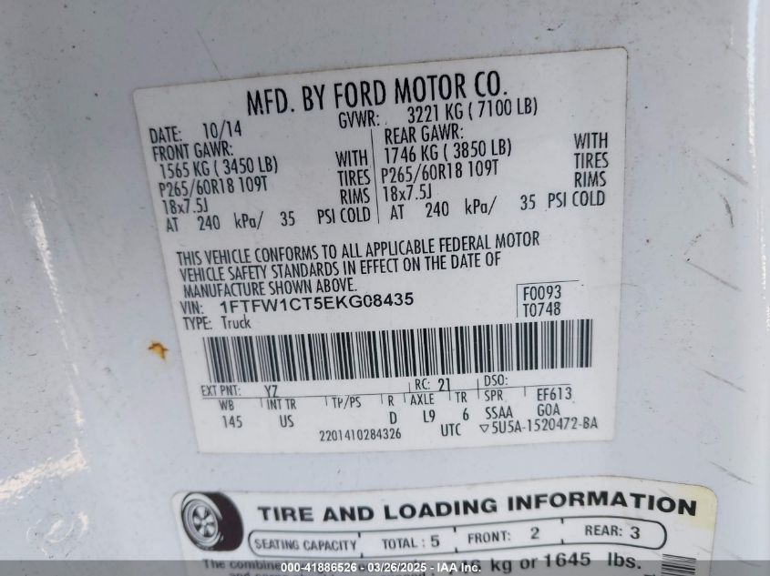 2014 Ford F-150 Xlt VIN: 1FTFW1CT5EKG08435 Lot: 41886526