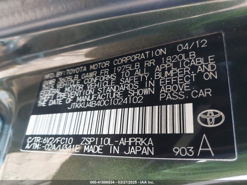 2012 SCION XD VIN: JTKKU4B40C1024102