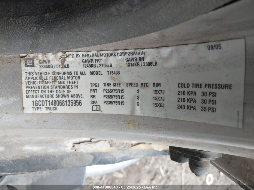 2006 Chevrolet Colorado Ls/Lt/Work Truck VIN: 1GCDT148068135956 Lot: 41886540