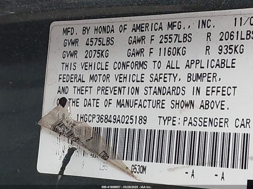 2009 Honda Accord 3.5 Ex-L VIN: 1HGCP36849A025189 Lot: 41886557