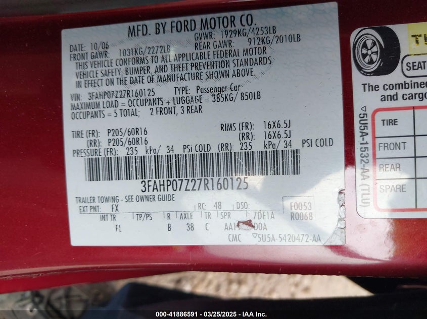 2007 FORD FUSION VIN: 3FAHP07Z27R160125