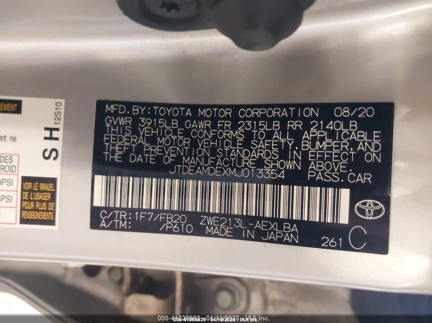 2021 TOYOTA COROLLA HYBRID LE - JTDEAMDEXMJ013354