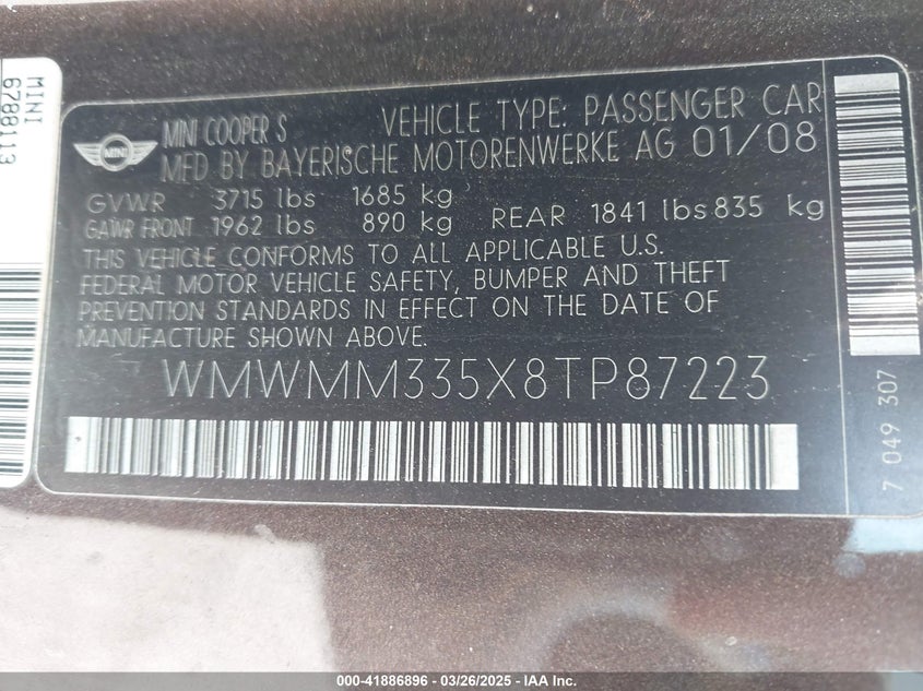 2008 Mini Cooper S Clubman VIN: WMWMM335X8TP87223 Lot: 41886896