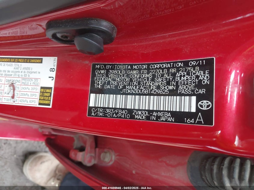2011 TOYOTA PRIUS VIN: JTDKN3DU5B1429625
