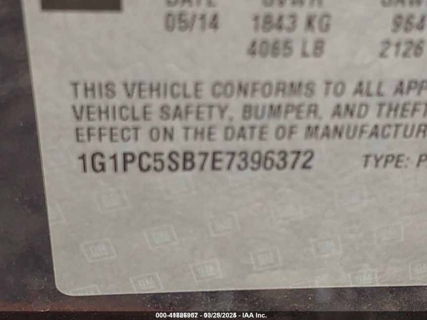 2014 Chevrolet Cruze 1Lt Auto VIN: 1G1PC5SB7E7396372 Lot: 41886957