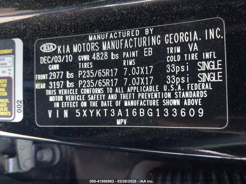 2011 Kia Sorento Lx VIN: 5XYKT3A16BG133609 Lot: 41886962