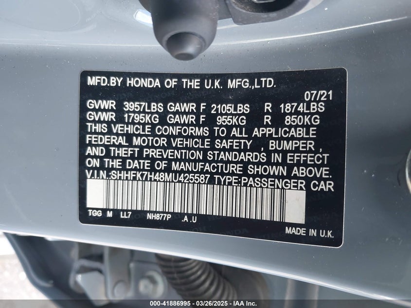 2021 HONDA CIVIC SPORT - SHHFK7H48MU425587