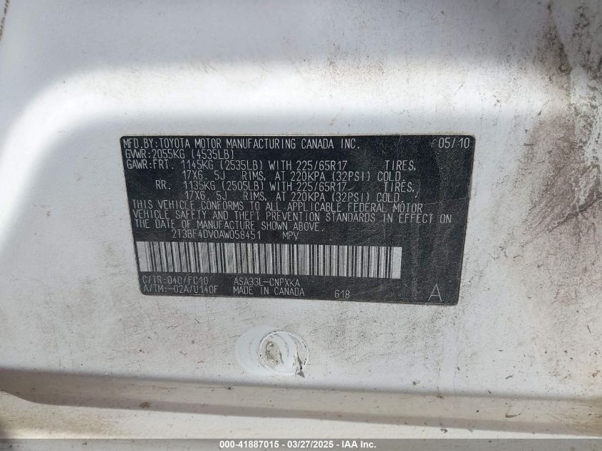 2010 Toyota Rav4 VIN: 2T3BF4DV0AW058451 Lot: 41887015