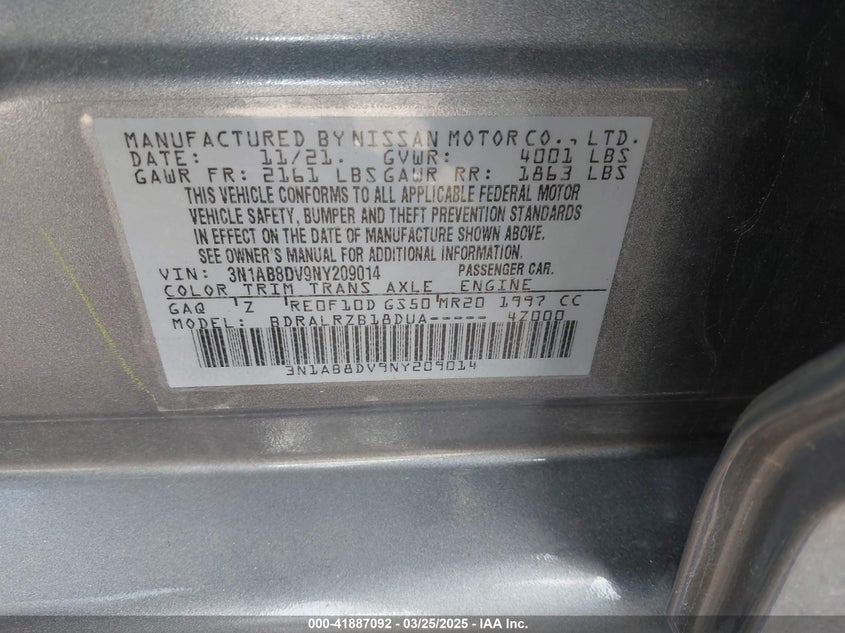 2022 NISSAN SENTRA VIN: 3N1AB8DV9NY209014