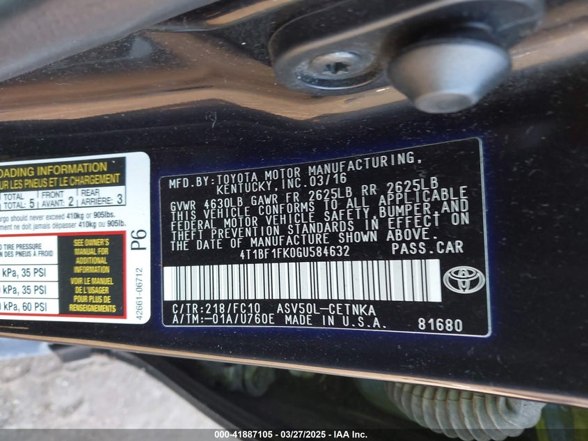 2016 TOYOTA CAMRY VIN: 4T1BF1FK0GU584632