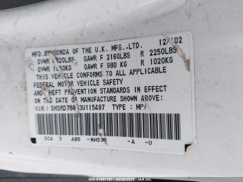 2003 Honda Cr-V Ex VIN: SHSRD78893U115497 Lot: 41887107