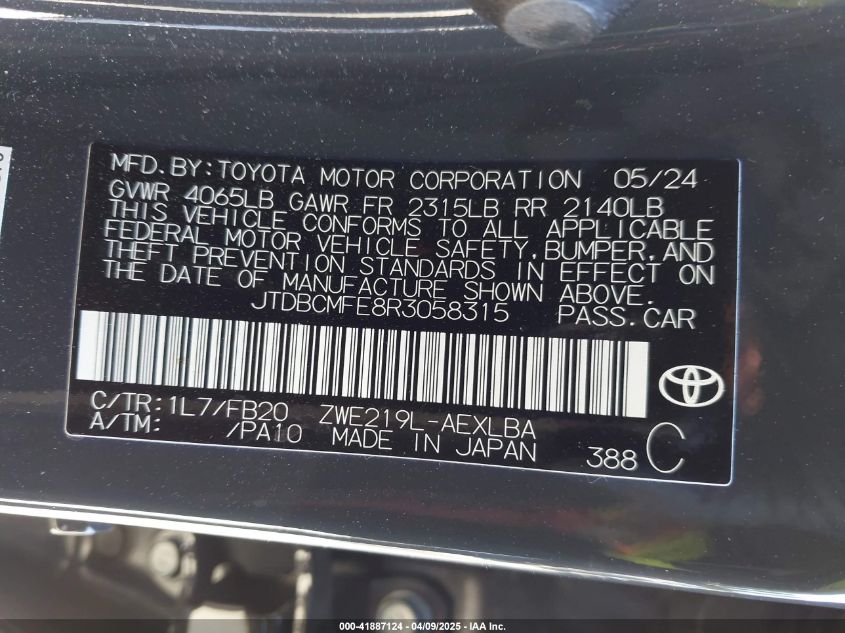 2024 Toyota Corolla Hybrid Le VIN: JTDBCMFE8R3058315 Lot: 41887124