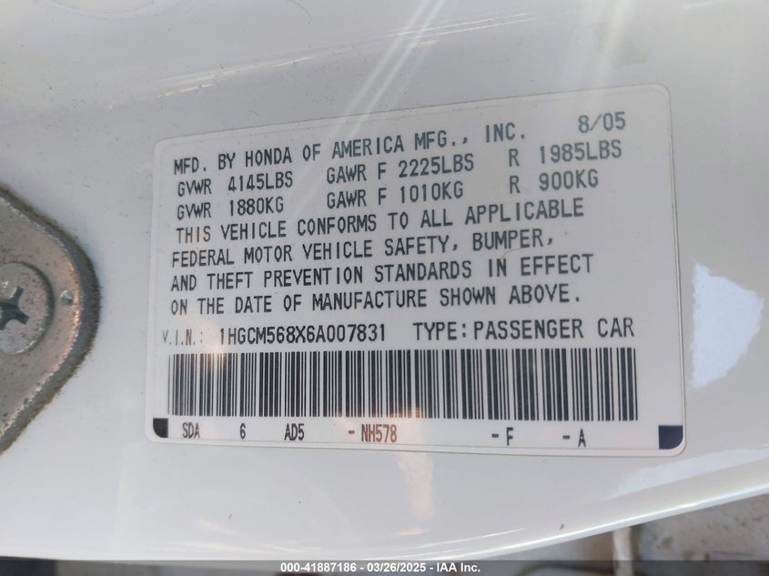 2006 HONDA ACCORD VIN: 1HGCM568X6A007831