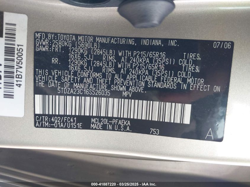 2006 Toyota Sienna Le VIN: 5TDZA23C16S526035 Lot: 41887220