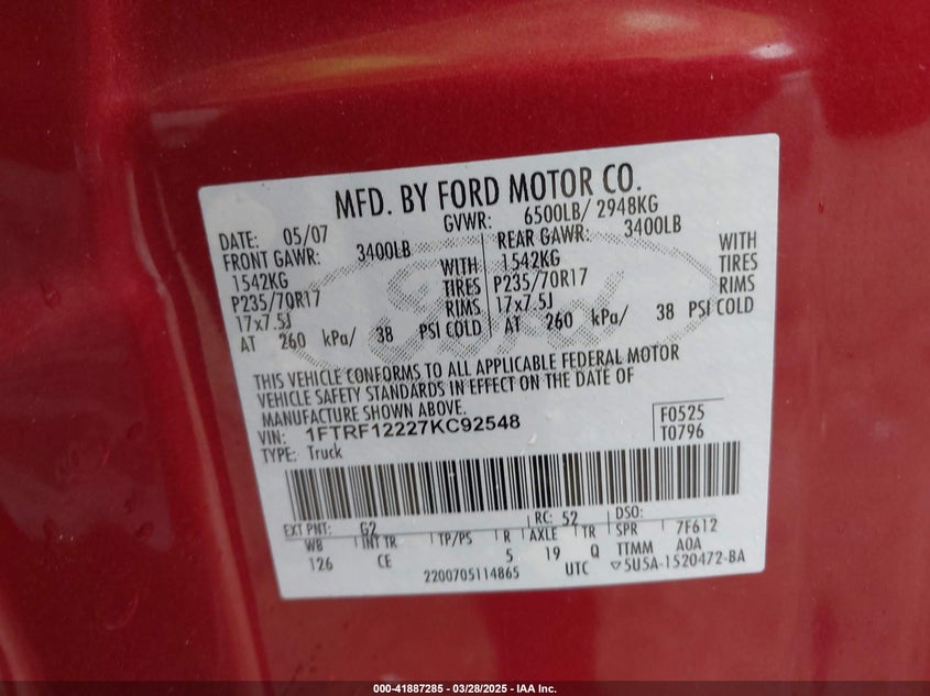 2007 FORD F-150 VIN: 1FTRF12227KC92548