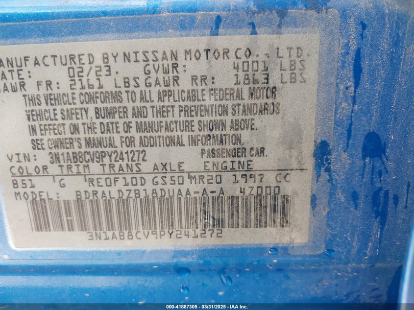 2023 NISSAN SENTRA VIN: 3N1AB8CV9PY241272