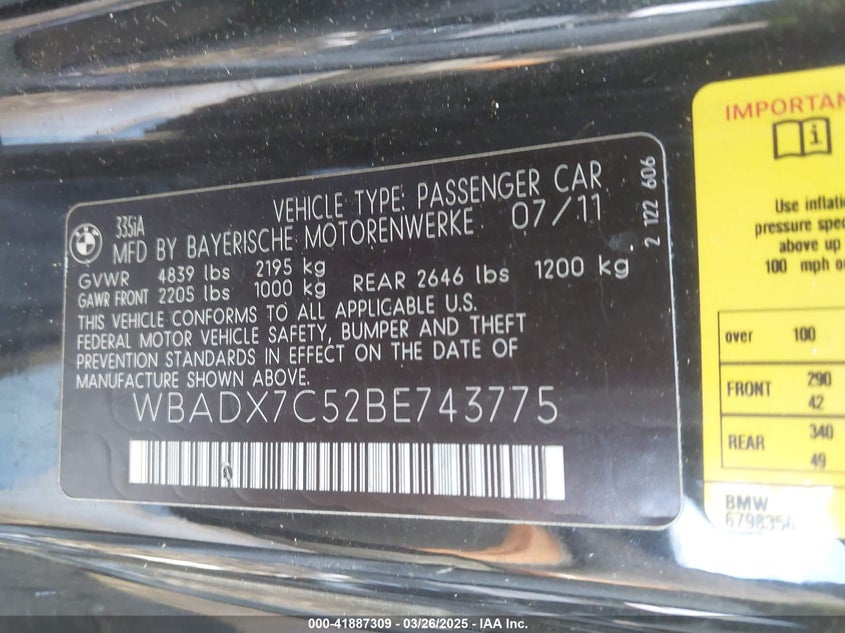 2011 BMW 335 VIN: WBADX7C52BE743775