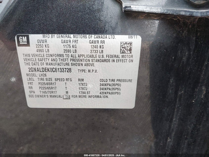 2012 CHEVROLET EQUINOX VIN: 2GNALDEK0C6133728