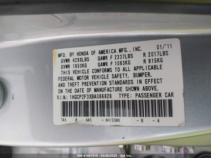 2011 HONDA ACCORD SDN VIN: 1HGCP2F3XBA086826