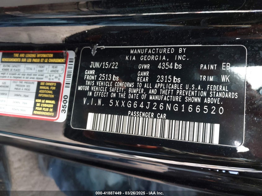 2022 KIA K5 VIN: 5XXG64J26NG166520