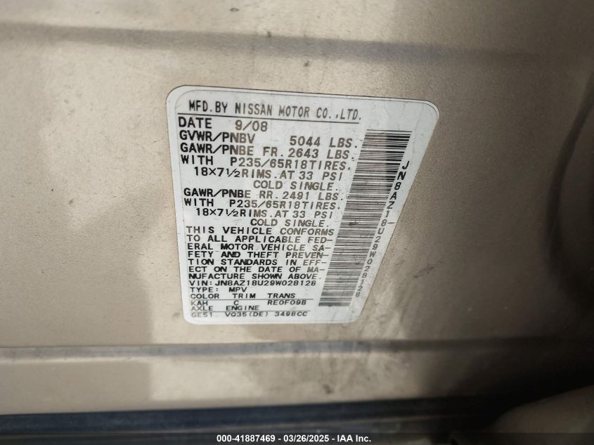 2009 Nissan Murano Sl VIN: JN8AZ18U29W028128 Lot: 41887469