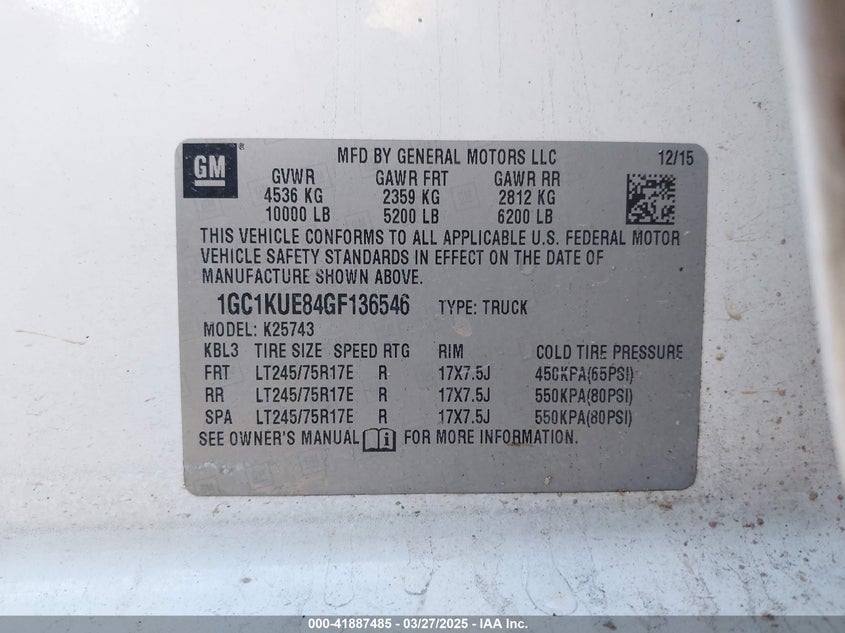 2016 CHEVROLET SILVERADO 2500HD VIN: 1GC1KUE84GF136546