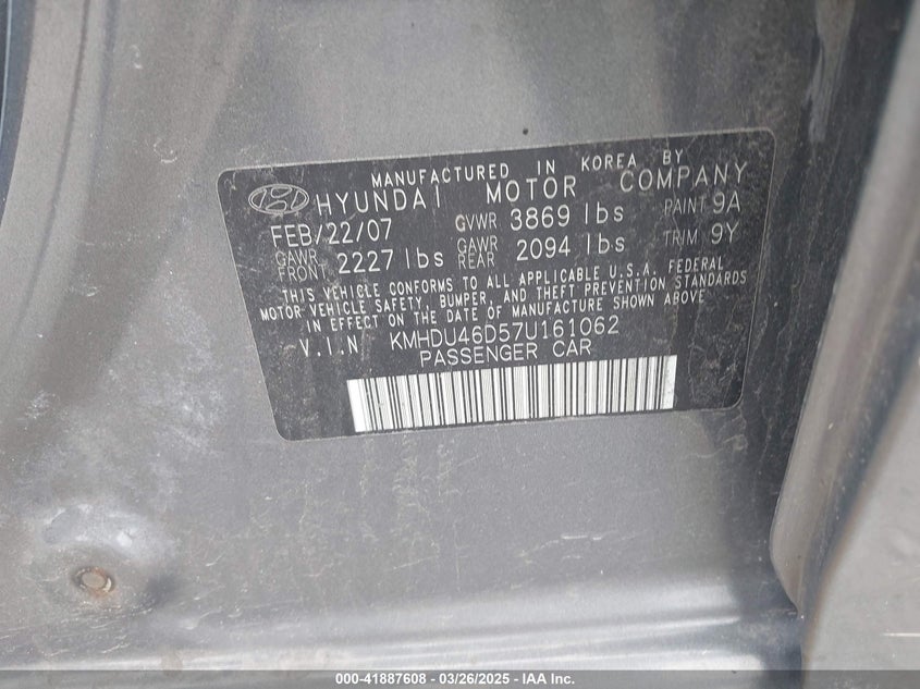 2007 HYUNDAI ELANTRA VIN: KMHDU46D57U161062
