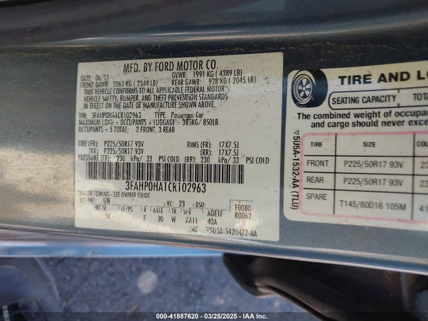 2012 FORD FUSION VIN: 3FAHP0HA1CR102963