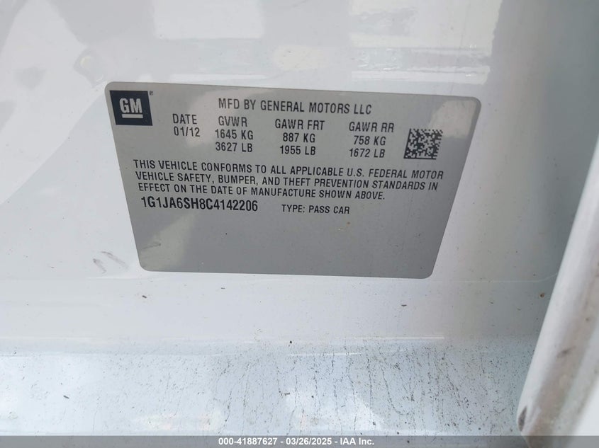 2012 CHEVROLET SONIC VIN: 1G1JA6SH8C4142206