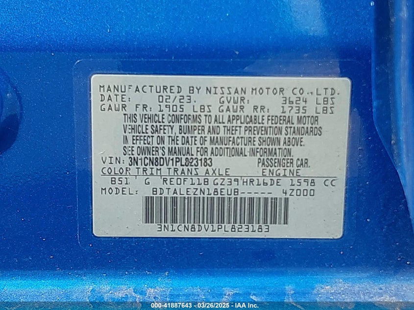 2023 NISSAN VERSA 1.6 S XTRONIC CVT 3N1CN8DV1PL823183 from the USA