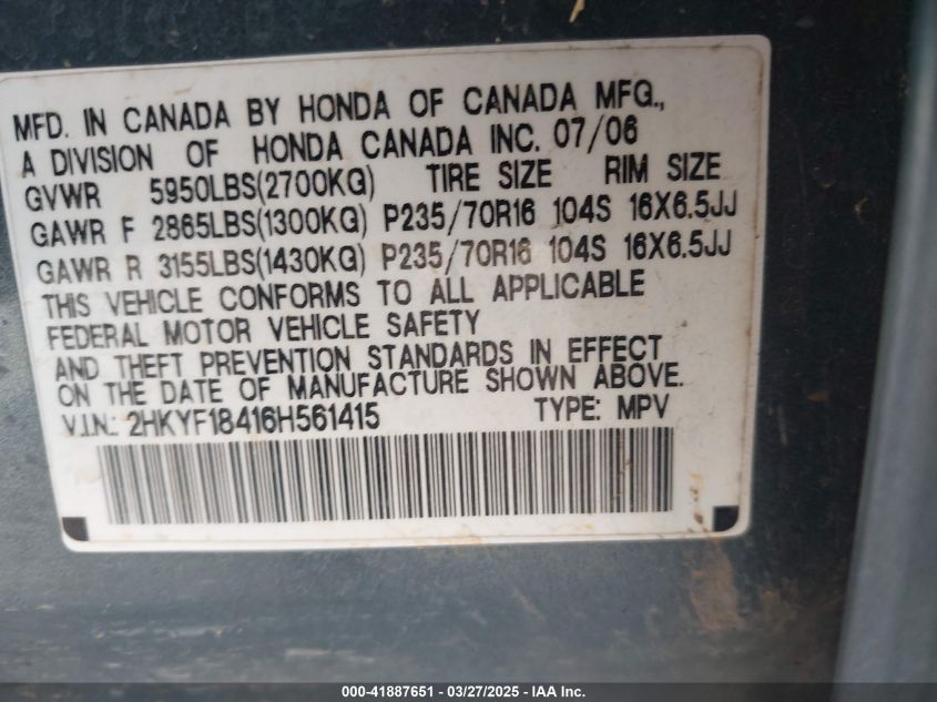 2006 Honda Pilot Ex VIN: 2HKYF18416H561415 Lot: 41887651