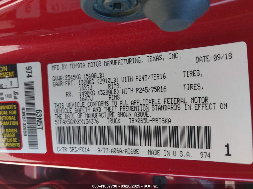 2019 TOYOTA TACOMA SR5 - 5TFAX5GNXKX134376