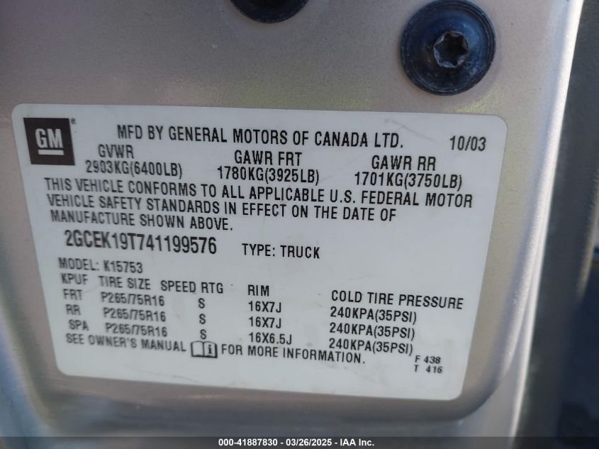 2004 Chevrolet Silverado 1500 Z71 VIN: 2GCEK19T741199576 Lot: 41887830