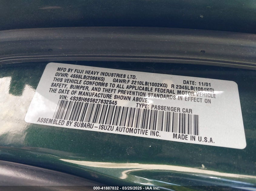 2002 Subaru Outback VIN: 4S3BH665927632545 Lot: 41887832