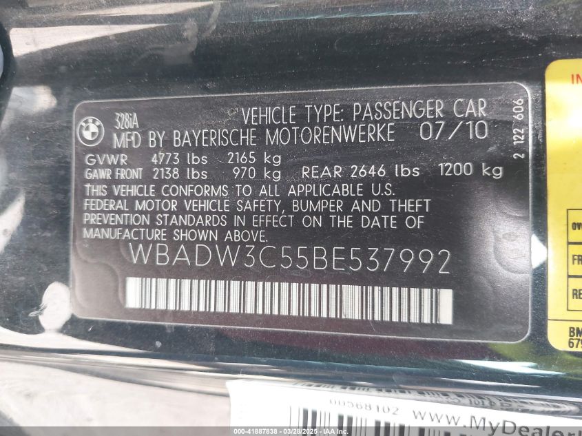 2011 BMW 328I VIN: WBADW3C55BE537992 Lot: 41887838