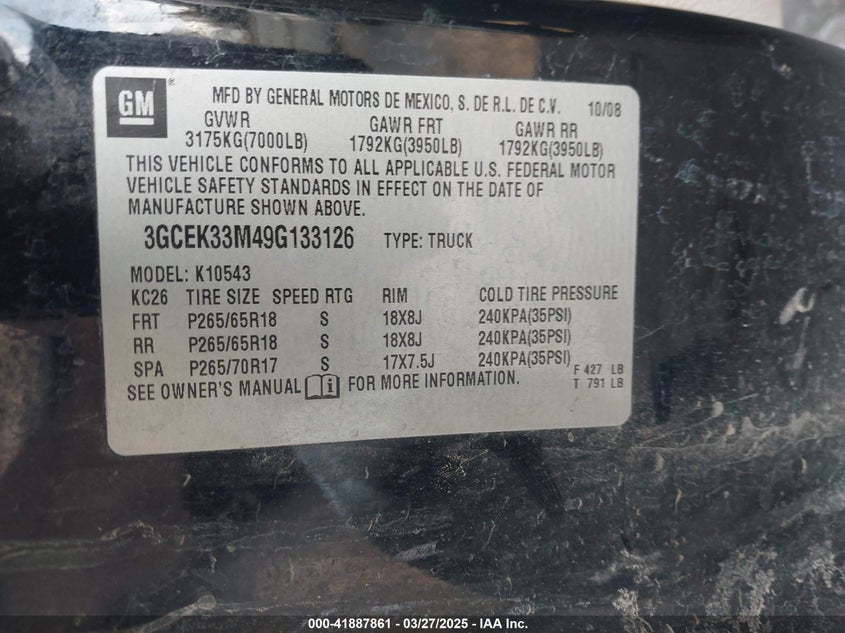2009 CHEVROLET SILVERADO VIN: 3GCEK33M49G133126
