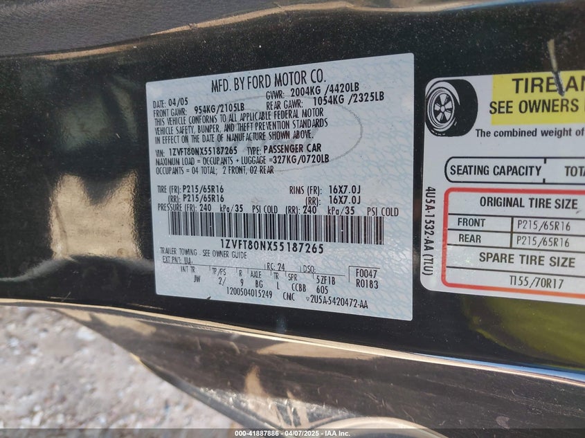 2005 Ford Mustang V6 Deluxe/V6 Premium VIN: 1ZVFT80NX55187265 Lot: 41887886