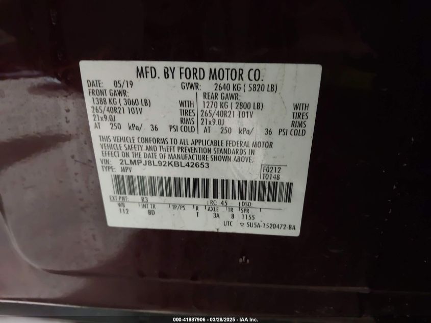 2019 Lincoln Nautilus Reserve VIN: 2LMPJ8L92KBL42653 Lot: 41887906