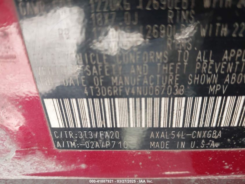 2022 Toyota Rav4 Hybrid Limited VIN: 4T3D6RFV4NU067033 Lot: 41887921