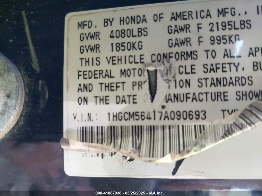 2007 HONDA ACCORD VIN: 1HGCM56417A090693