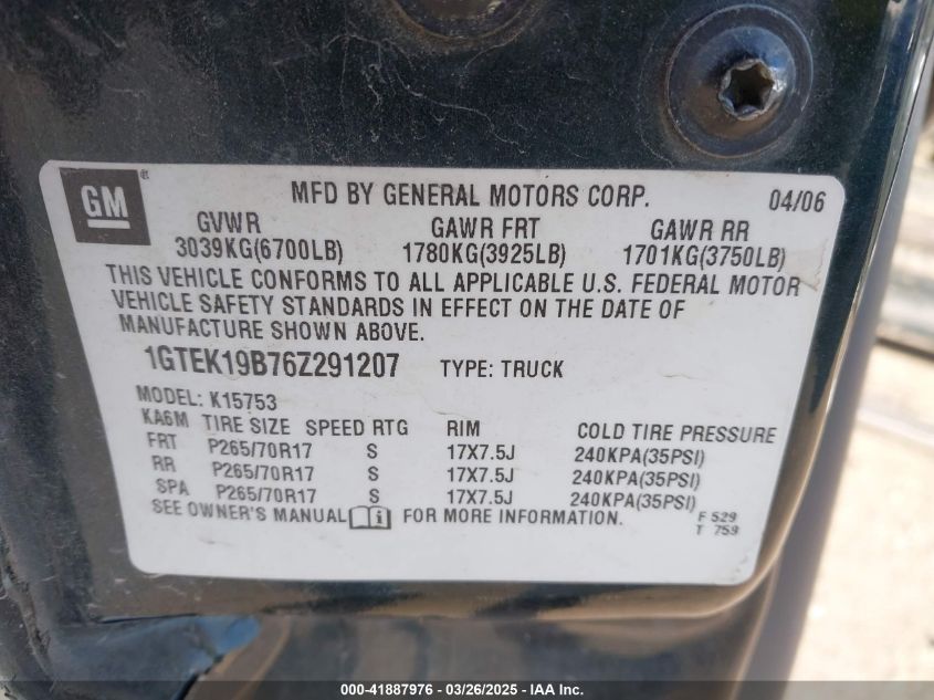 2006 GMC Sierra 1500 Sl VIN: 1GTEK19B76Z291207 Lot: 41887976