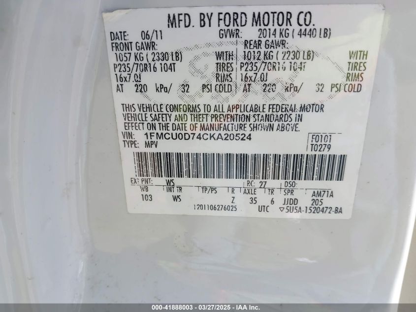 2012 Ford Escape Xlt VIN: 1FMCU0D74CKA20524 Lot: 41888003